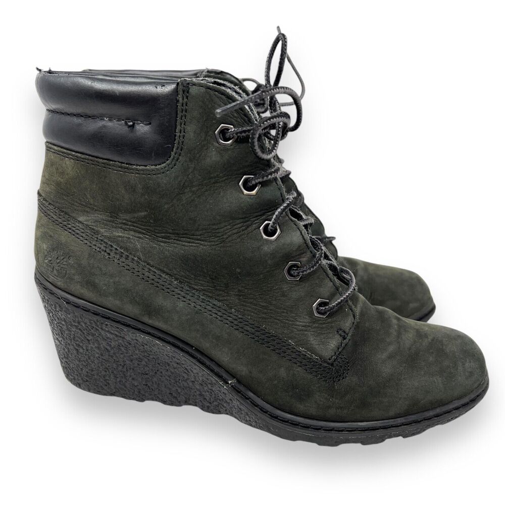 Timberland Womens Size 7 Black Leather Laces Wedge Ankle Casual Boots